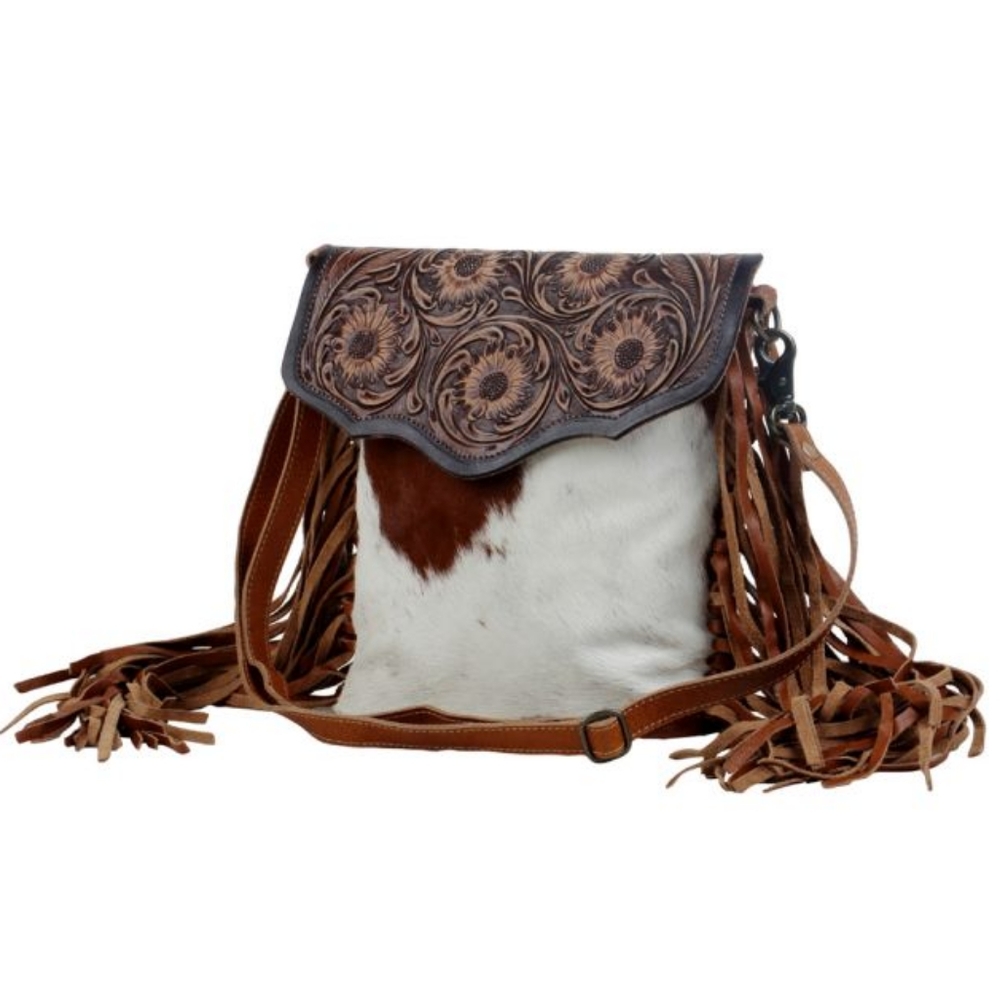 NWT MYRA BLOSSOM HAND-TOOLED BAG Genuine Hair On Hide Leather Fringe - Picture 7 of 8